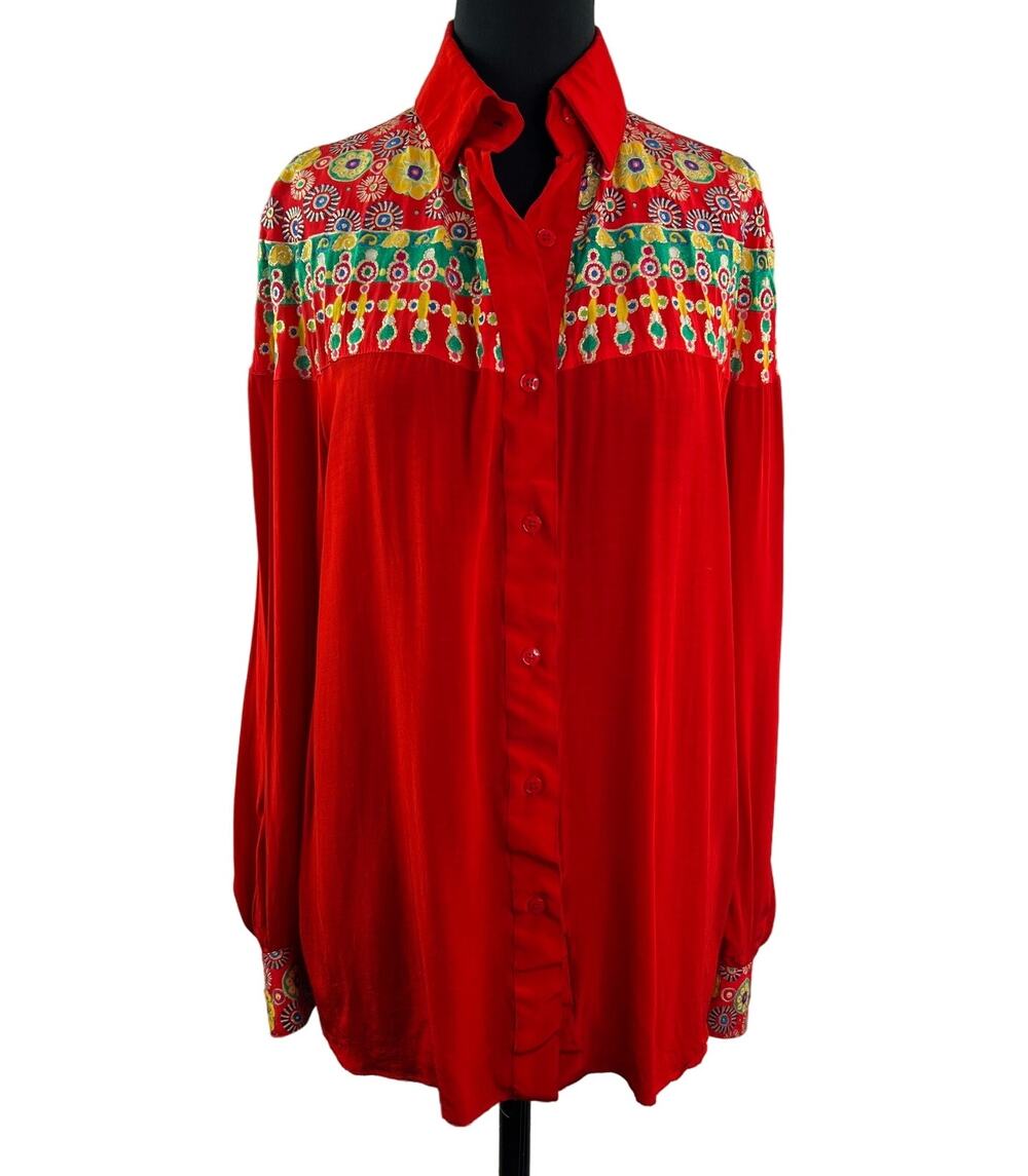 VINTAGE Gottex Red Top Floral Embroidered Collared Long Sleeve Button-Up Small S